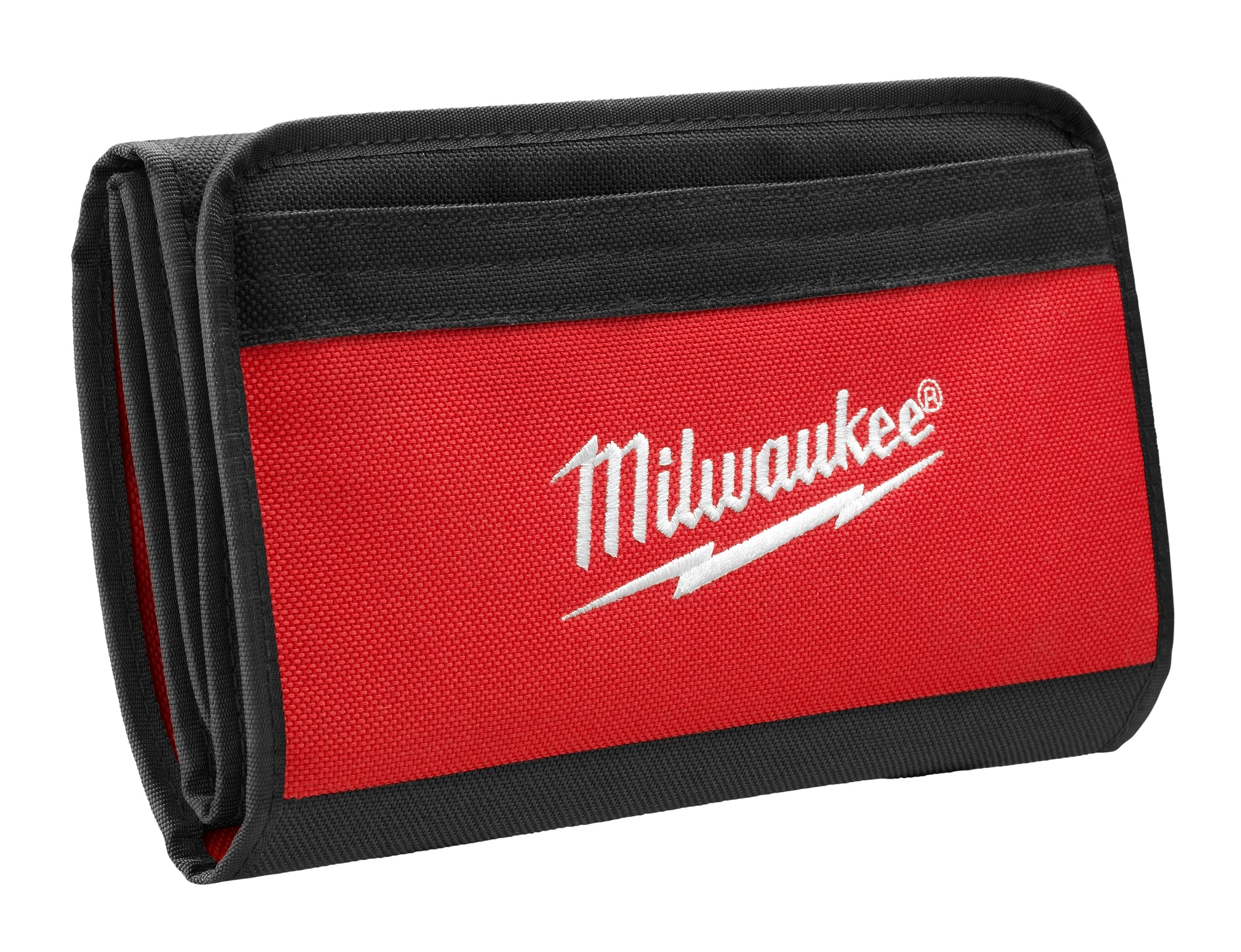 Black and red Milwaukee roll-up accessory case with multiple fabric compartments and closure straps.