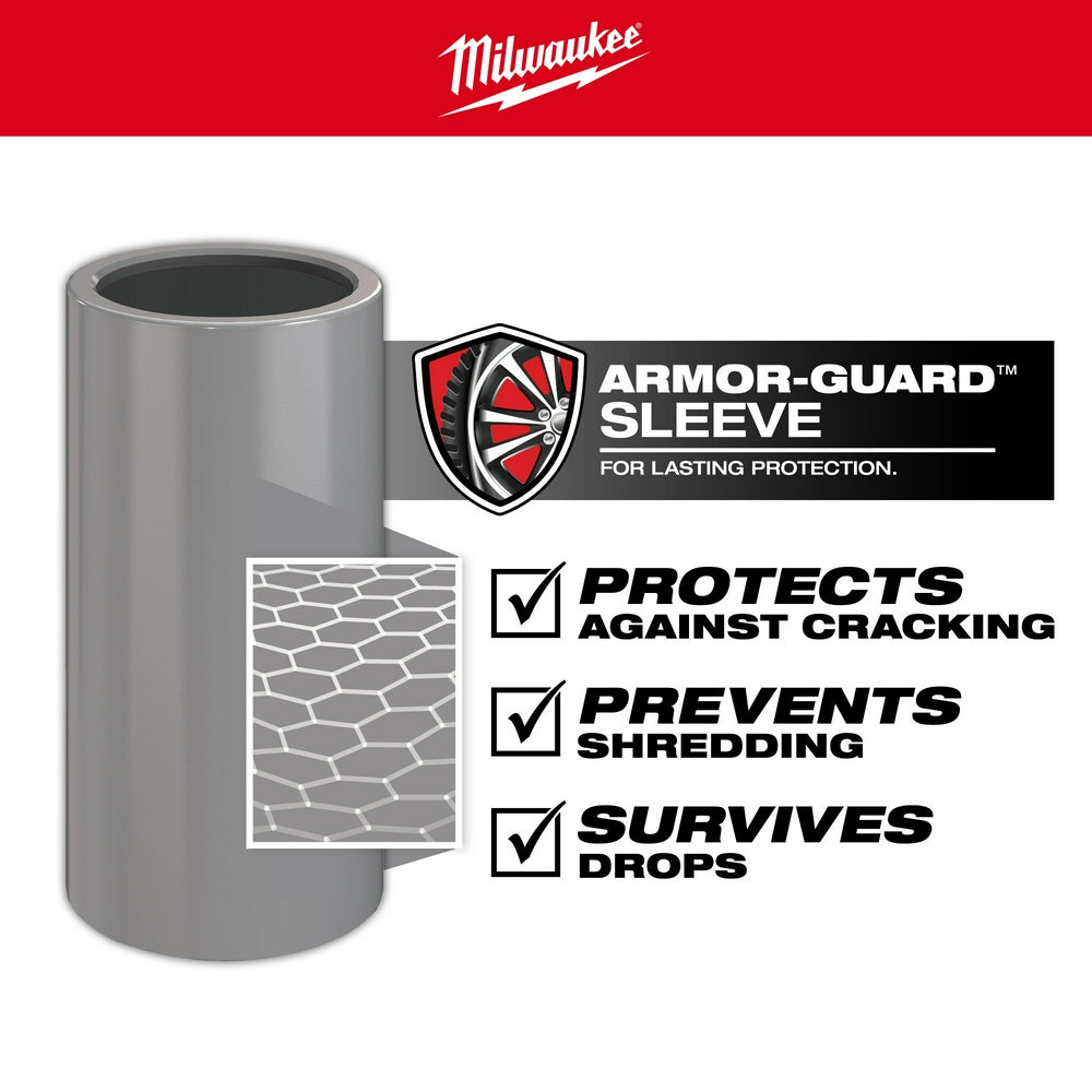 Milwaukee 1/2 drive 19mm metric lug nut wheel socket with gray Armor-Guard sleeve and hexagonal pattern detail.