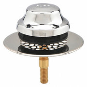 Chrome-plated foot-actuated tub stopper with integrated grid strainer and brass threaded post.