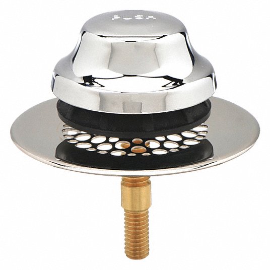 Chrome-plated foot-actuated tub stopper with integrated grid strainer and brass threaded post.