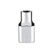 Chrome metal socket with hexagonal opening marked "6" on side, 3/8 inch drive.