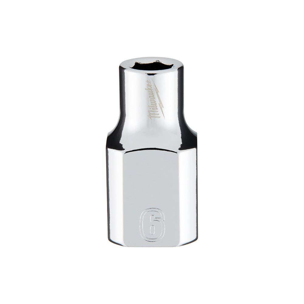 Chrome metal socket with hexagonal opening marked "6" on side, 3/8 inch drive.