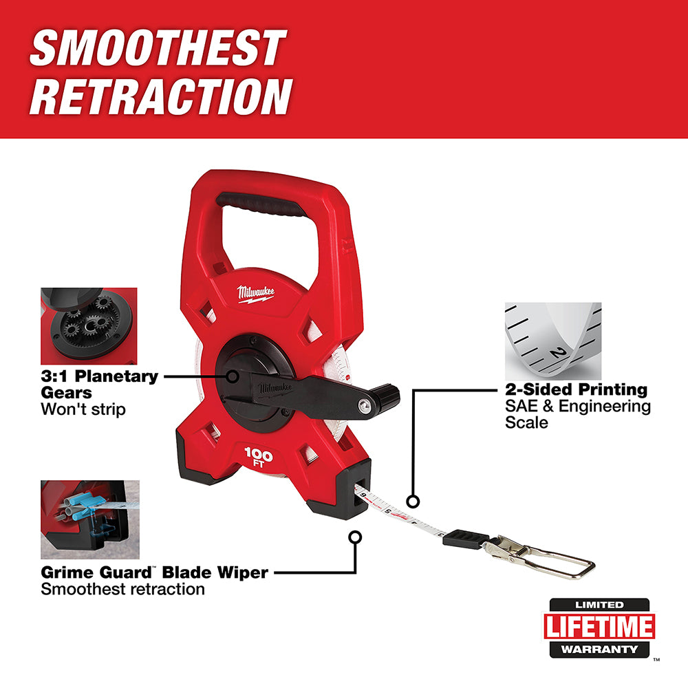 Red Milwaukee 100-foot fiberglass tape measure with black handle and dual-sided printed scale markings.