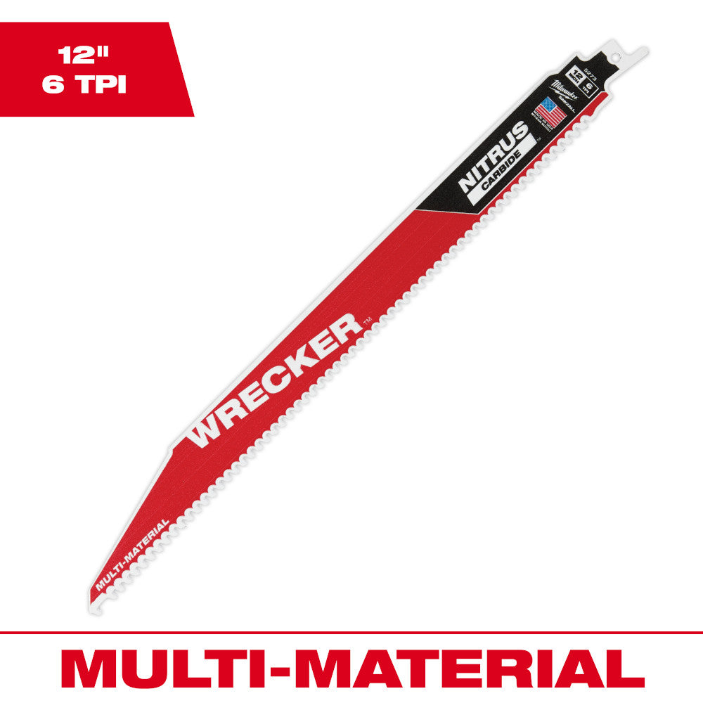12" reciprocating saw blade with red and black body, WRECKER branding, and NITRUS carbide cutting edge.
