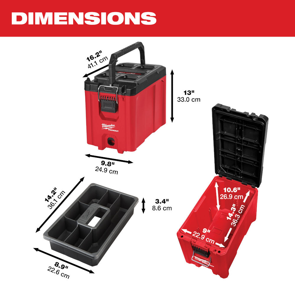 Red and black Milwaukee PACKOUT tool box with carrying handle, shown closed and open with removable organizer trays.