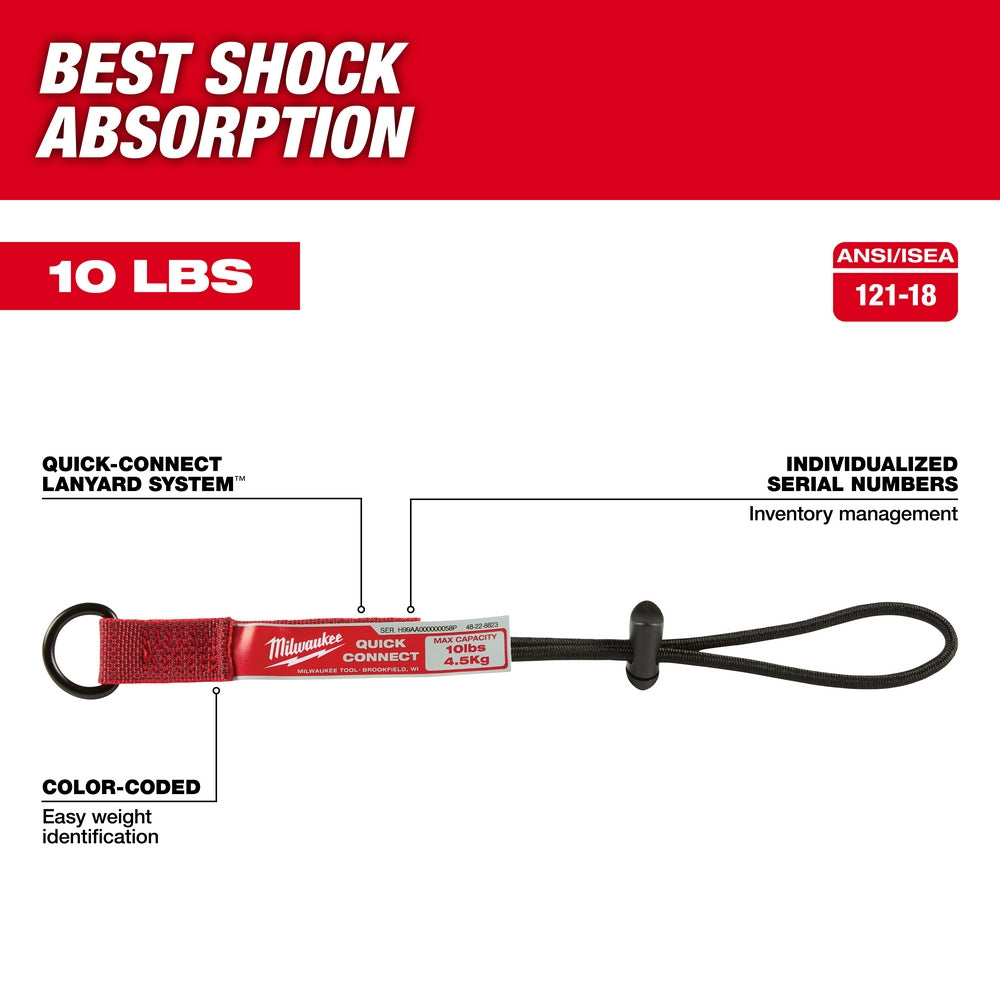 Three Milwaukee quick-connect lanyards with red fabric loops, metal connectors, and black cord loops rated for 10 lbs capacit