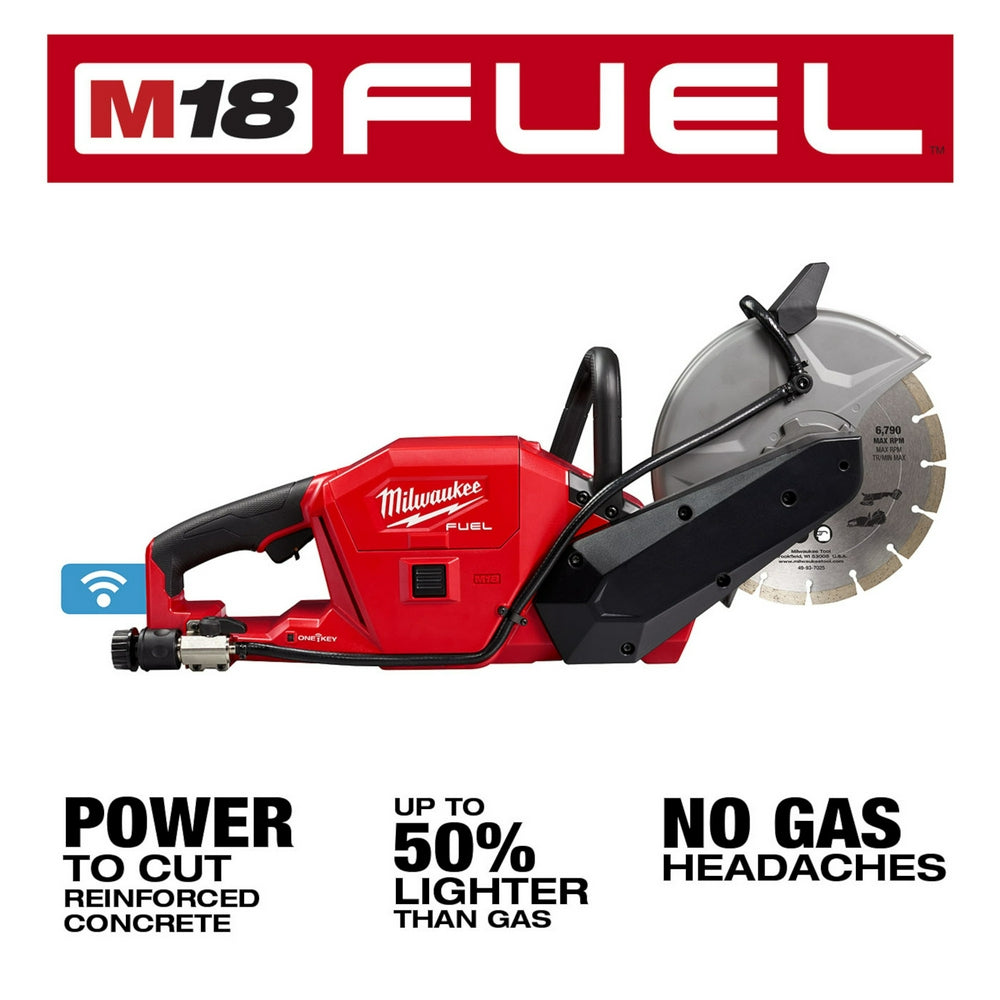 Red and black Milwaukee M18 FUEL cordless cut-off saw with diamond blade and ONE-KEY connectivity icon displayed.