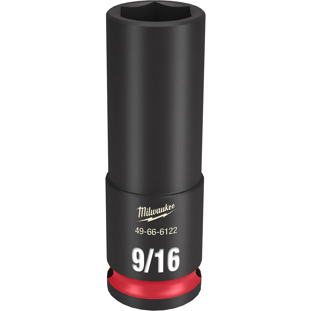 Black Milwaukee deep socket with 9/16" marking, red grip ring, and hexagonal opening on top.