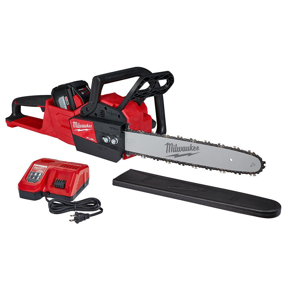 Milwaukee M18 FUEL 16 in. cordless chainsaw with red and black body, charger, and carrying case included.