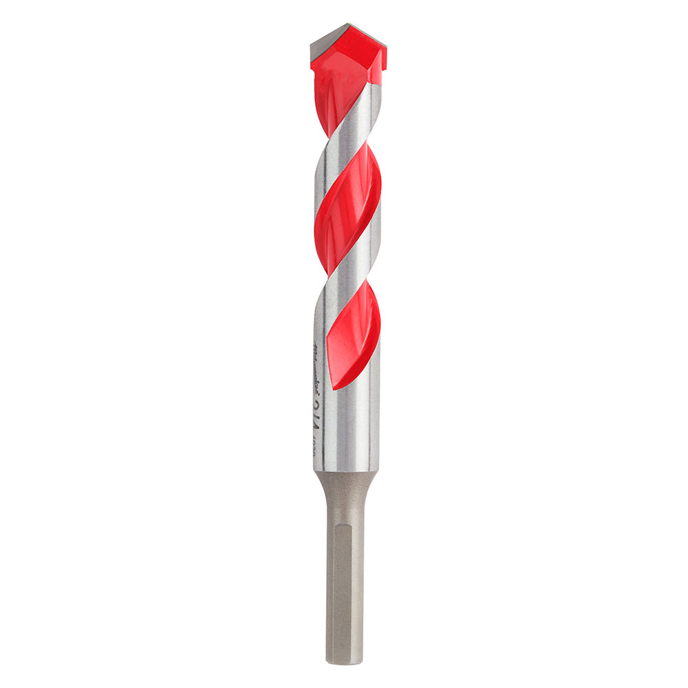 Carbide hammer drill bit with red and gray spiral flutes and pointed tip for concrete drilling.
