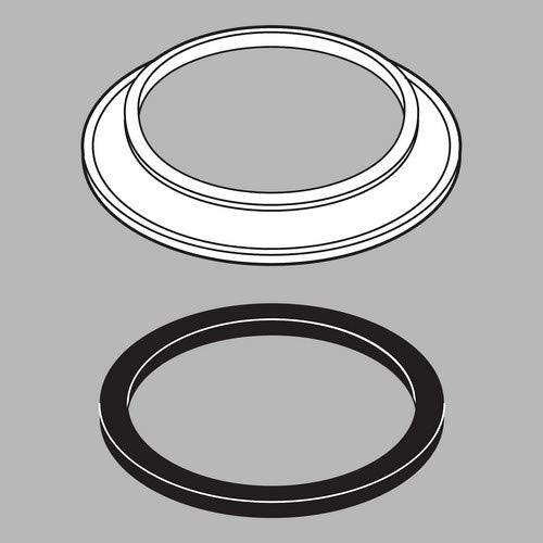 Chrome spout base with stacked rings and black rubber gasket shown separately.
