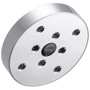 Round chrome shower head with multiple black spray nozzles arranged in a circle around center Brizo logo.