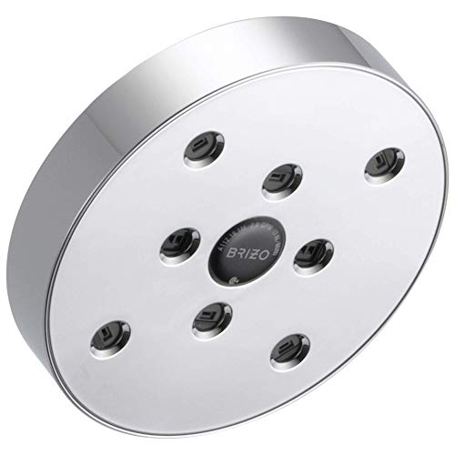 Round chrome shower head with multiple black spray nozzles arranged in a circle around center Brizo logo.