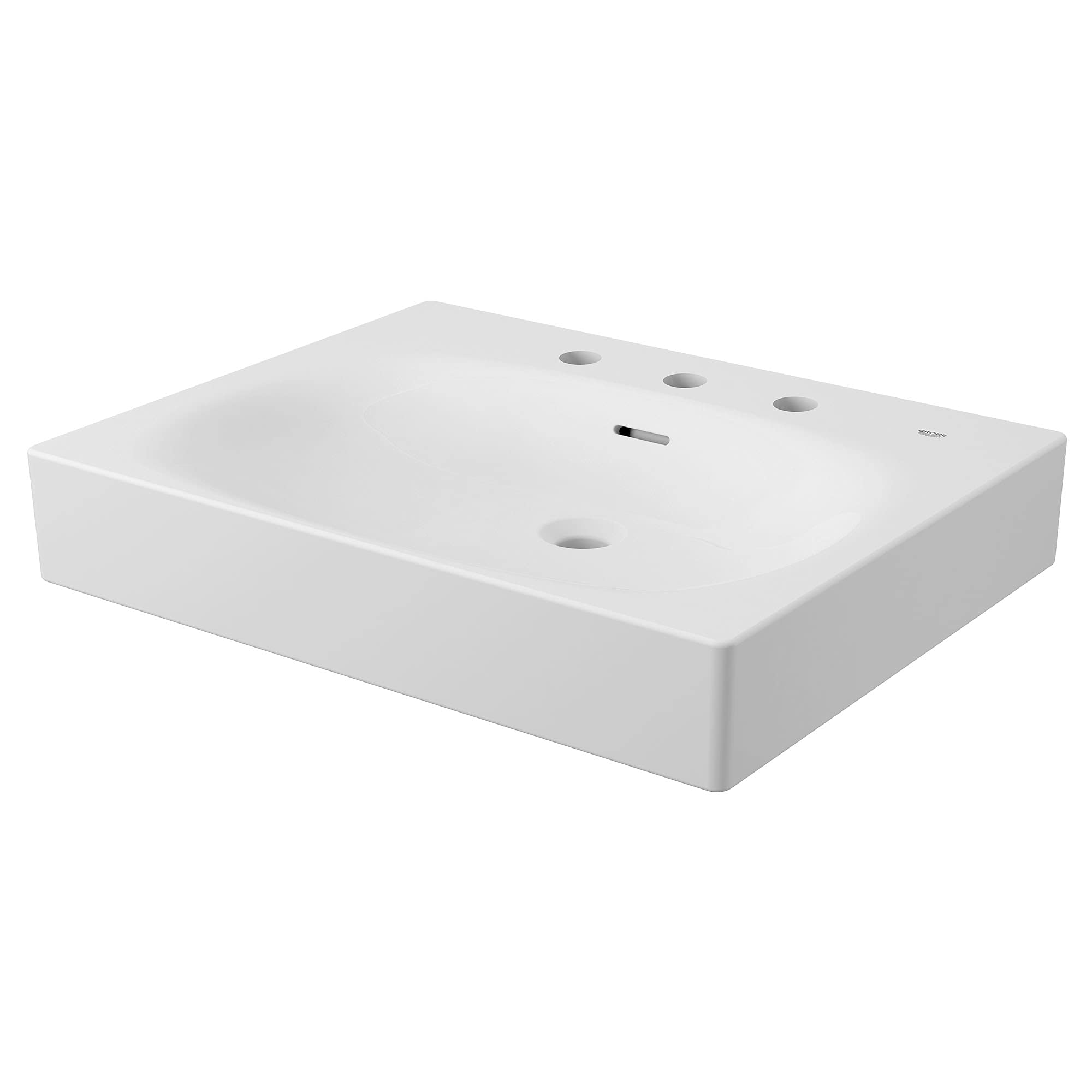 White rectangular wall-mount bathroom sink with three faucet holes and one drain hole.