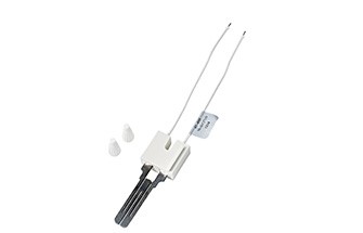 White ceramic hot surface ignitor with dual prongs and black base connector, shown with mounting hardware.