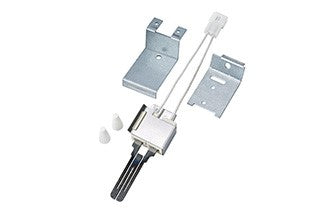 Robertshaw hot surface ignitor with metal mounting brackets, ceramic element, and black connector wires.