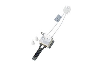 White and black hot surface ignitor with probe tip and ceramic element housing.