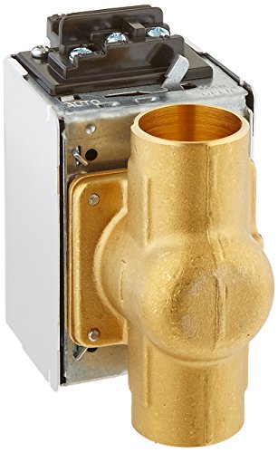 Brass zone valve with brown solenoid actuator mounted on white housing body.
