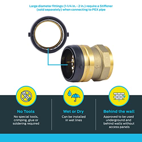 Brass push-to-connect adapter fitting with black collar and internal connection ports, shown disassembled.
