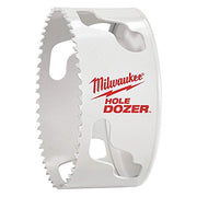 White Milwaukee Hole Dozer bi-metal hole saw with serrated cutting edge and two mounting holes.