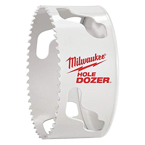 White Milwaukee Hole Dozer bi-metal hole saw with serrated cutting edge and two mounting holes.