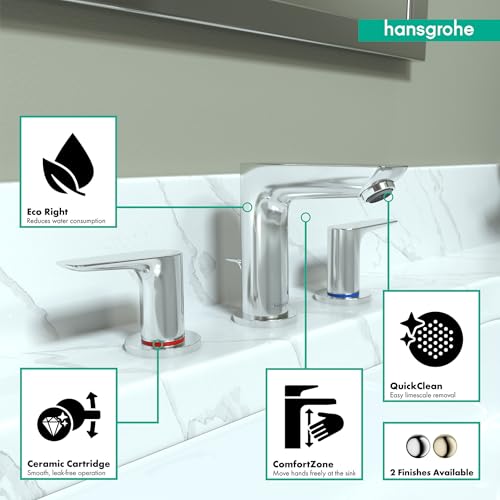 Chrome widespread bathroom faucet with single handles, spout, and aerator mounted on white marble sink.
