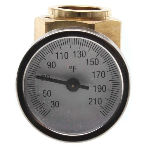 Brass gauge adapter assembly with black dial thermometer displaying Fahrenheit scale from 30 to 210 degrees.