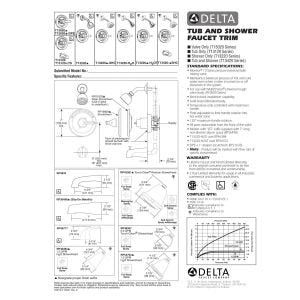 Delta Classic polished brass single-handle lever tub and shower trim with installation and specification diagrams.