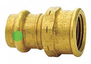 Brass press adapter fitting with 1/2" press connection on left and 3/4" female threaded connection on right, green indicator 