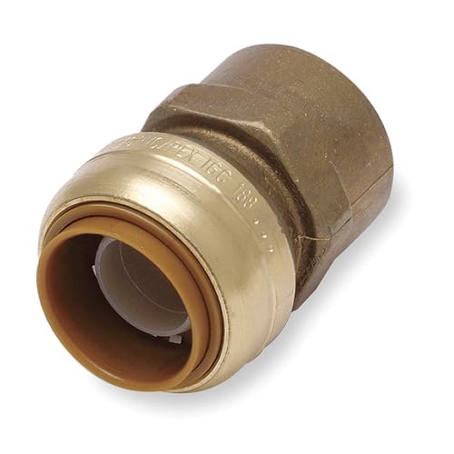 Brass push-fit connector with 3/4 inch push-fit end and 3/4 inch female threaded end.