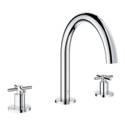 Chrome 3-hole roman tub faucet with curved spout and two cross handles on circular bases.