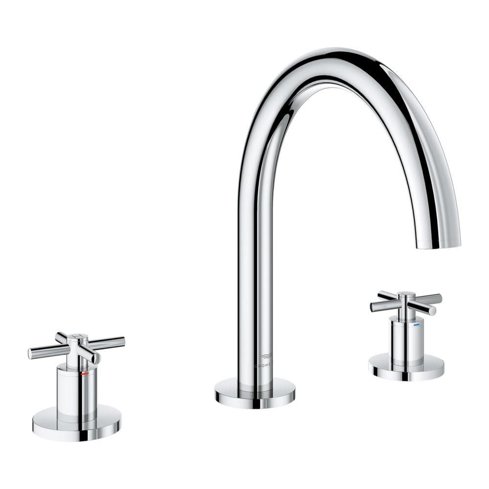 Chrome 3-hole roman tub faucet with curved spout and two cross handles on circular bases.