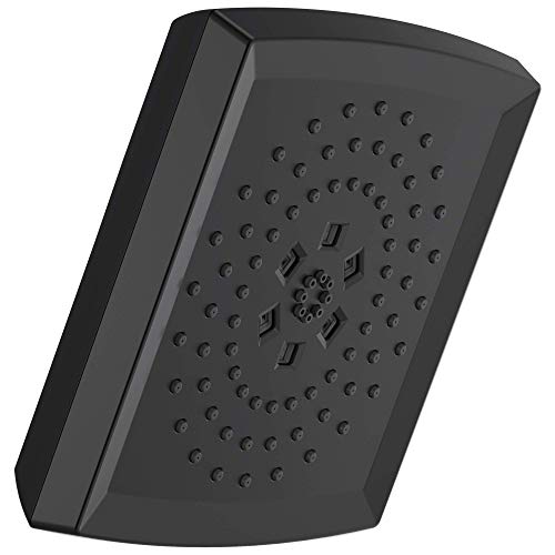 Matte black square shower head with multiple spray holes and center control dial.