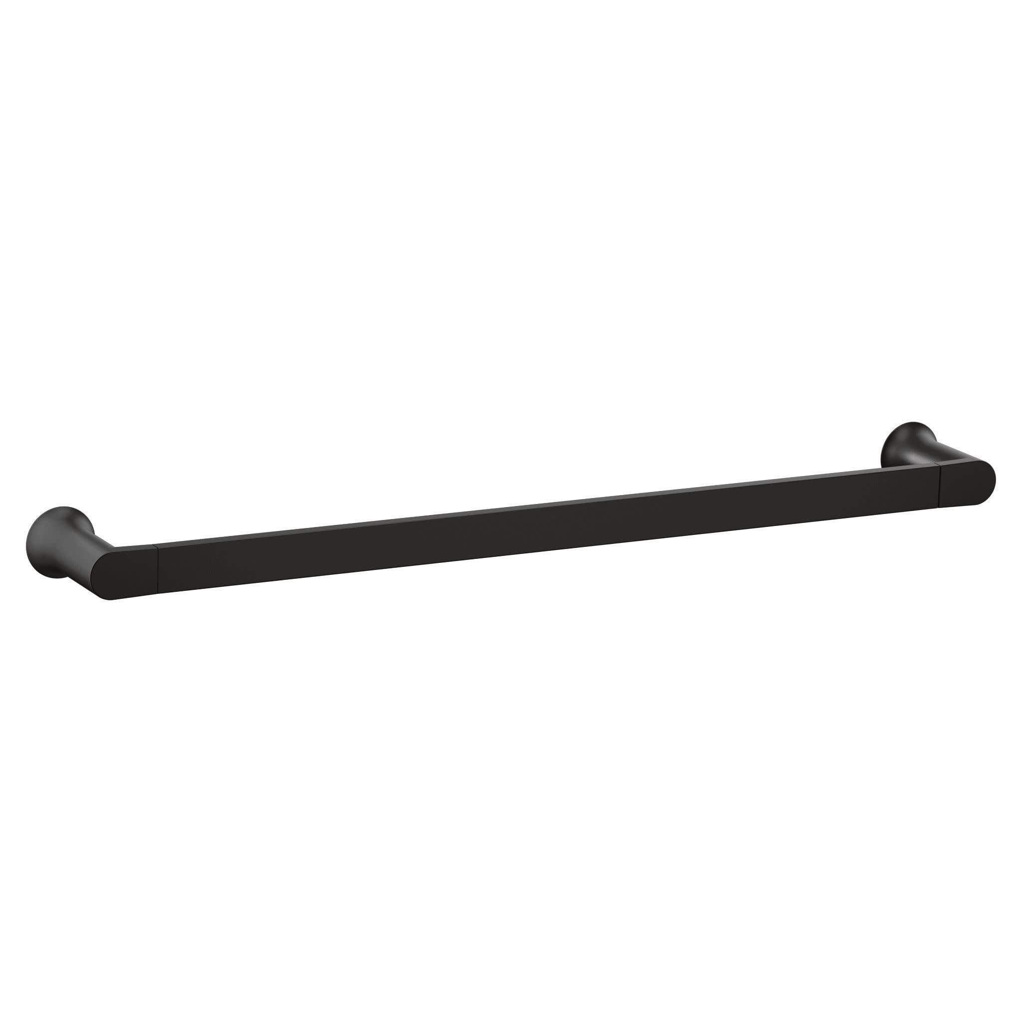 Black wall-mounted towel bar with cylindrical end caps, mounted horizontally.