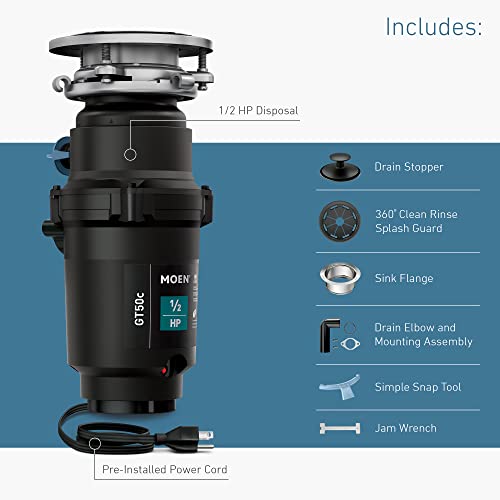 Moen GT50C 1/2 HP black garbage disposal unit with pre-installed power cord and included accessories.