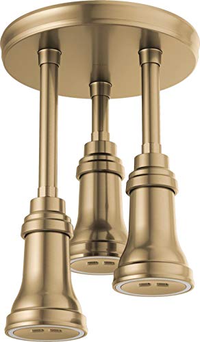 Brushed gold ceiling-mounted shower head with three tapered pendant fixtures and black accent bands.