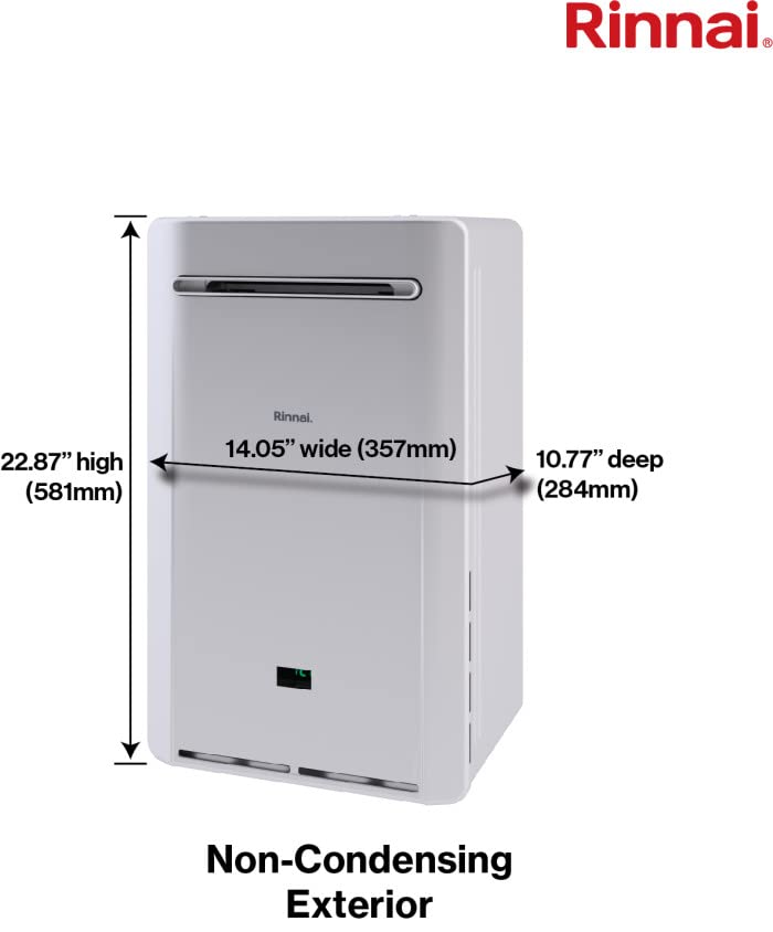 White rectangular Rinnai tankless water heater with dimensions labeled: 22.87" high, 14.05" wide, 10.77" deep, with control p