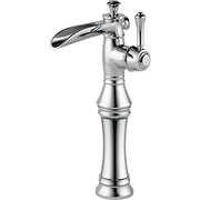 Chrome single-handle vessel bathroom faucet with curved spout and lever handle on tall pedestal base.