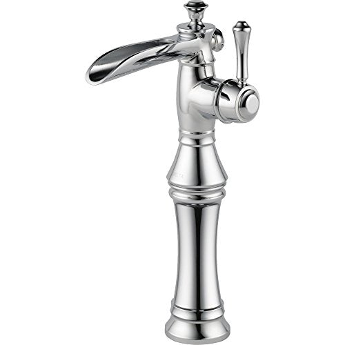 Chrome single-handle vessel bathroom faucet with curved spout and lever handle on tall pedestal base.