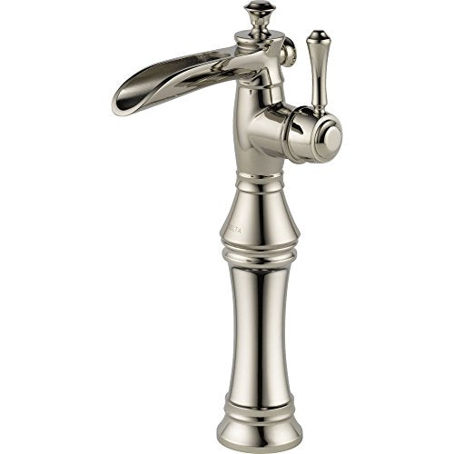 Polished nickel single-handle bathroom faucet with curved spout and tall tapered base.