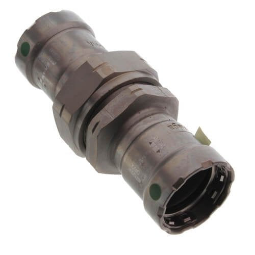 Viega MegaPress 1" press union fitting in zinc-nickel coated carbon steel with green indicator dots.