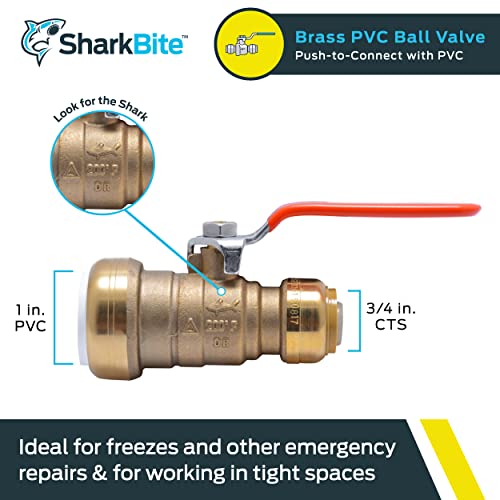 Brass ball valve with red lever handle, 1 inch IPS connection on left and 3/4 inch CTS on right.