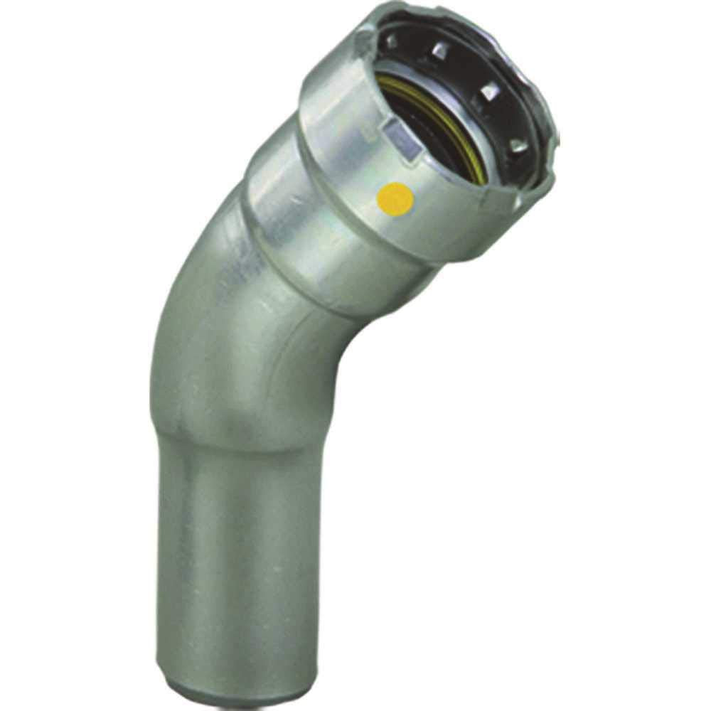 Silver zinc-nickel coated steel 45-degree elbow fitting with black threaded connector and yellow indicator dot.
