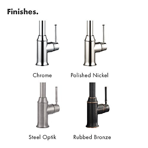 Four Hansgrohe Talis C prep kitchen faucets shown in Chrome, Polished Nickel, Steel Optik, and Rubbed Bronze finishes.