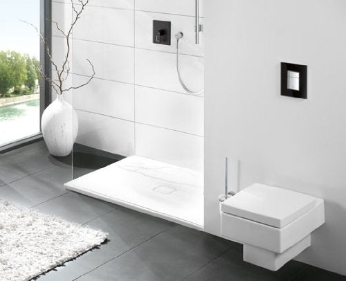 Grohe Velvet Black square wall plate mounted on white bathroom tile above shower area.