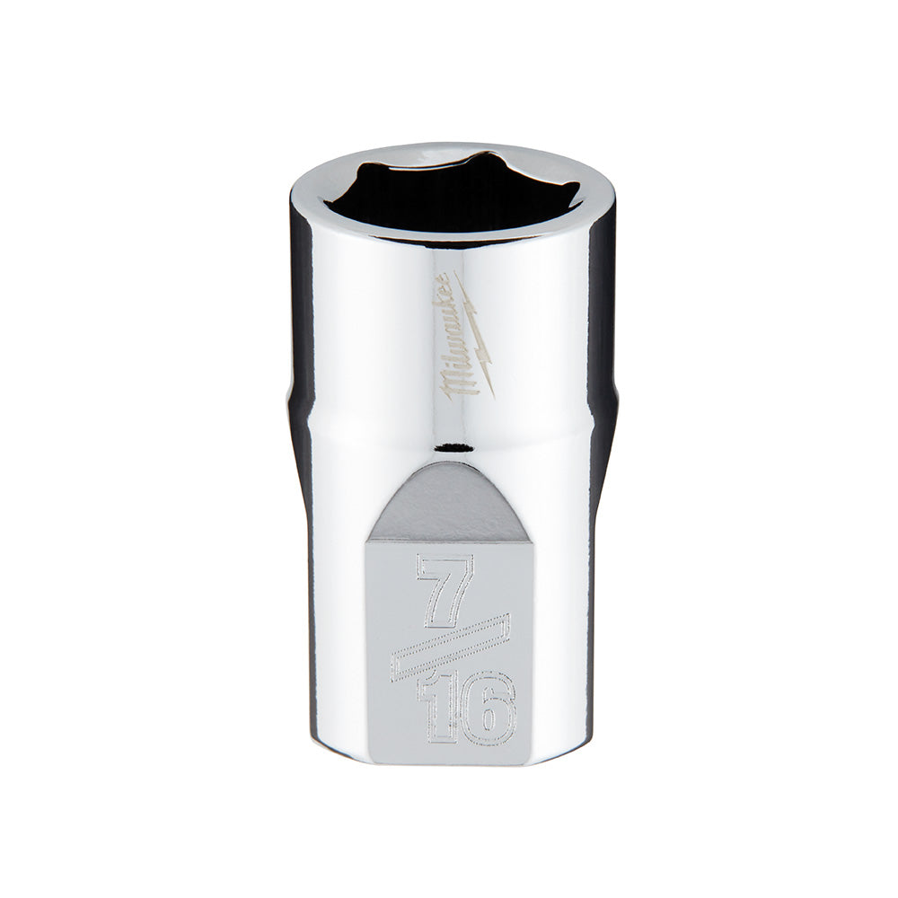 Chrome 3/8 inch drive socket with 6-point hexagonal opening and size markings on the body.