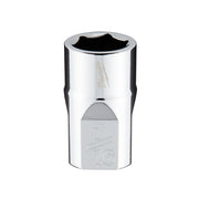 Chrome 3/8 inch drive socket with 6-point hexagonal opening and size markings on the body.