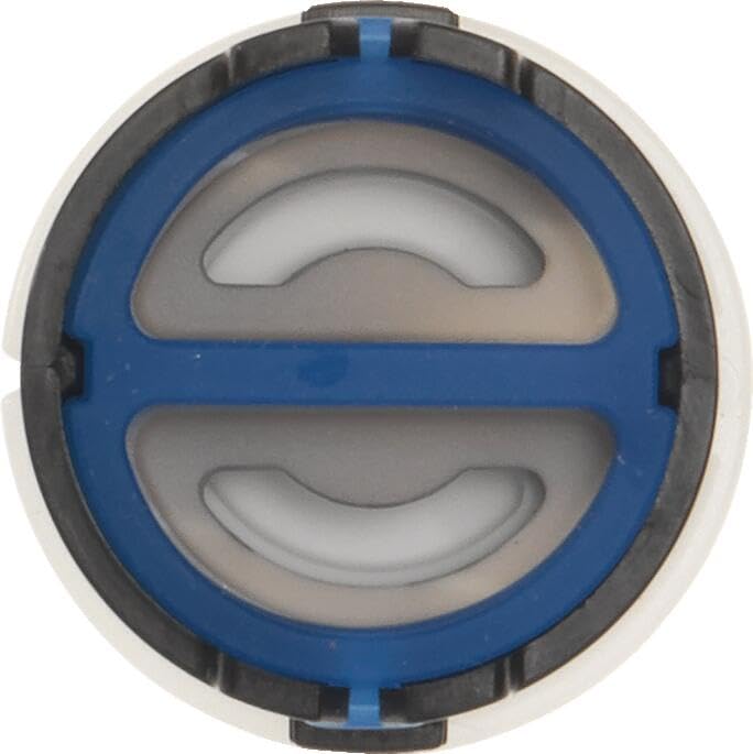 Blue and gray circular valve cartridge with two gray handle slots and black outer ring, viewed from above.