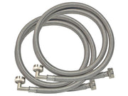 Two stainless steel braided washing machine connectors with elbow fittings and threaded ends.