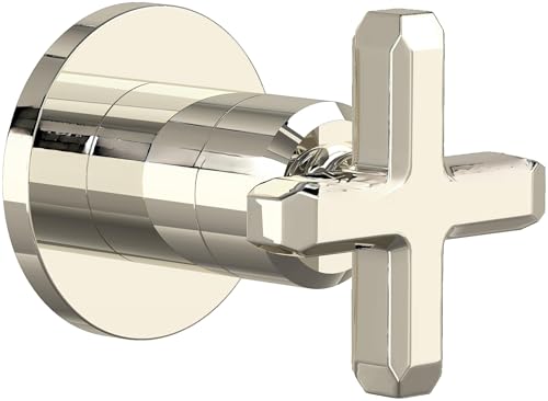 Polished nickel trim valve with cylindrical body and cross-shaped handle for volume control and diverter function.
